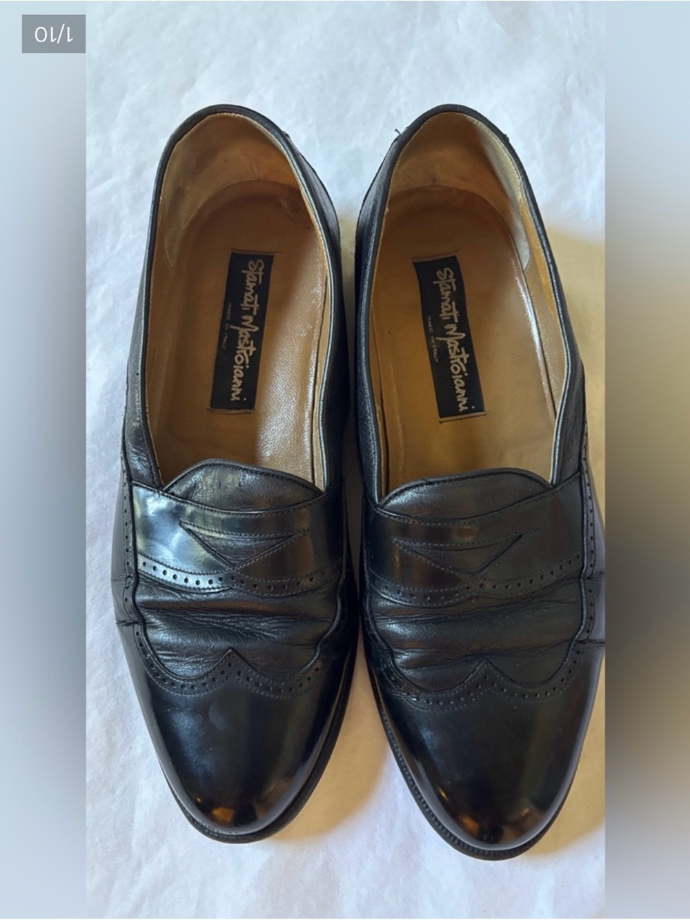 Stamati Mastroianni Black Leather Penny Loafers Wingtip Brogue 9.5 M Italy